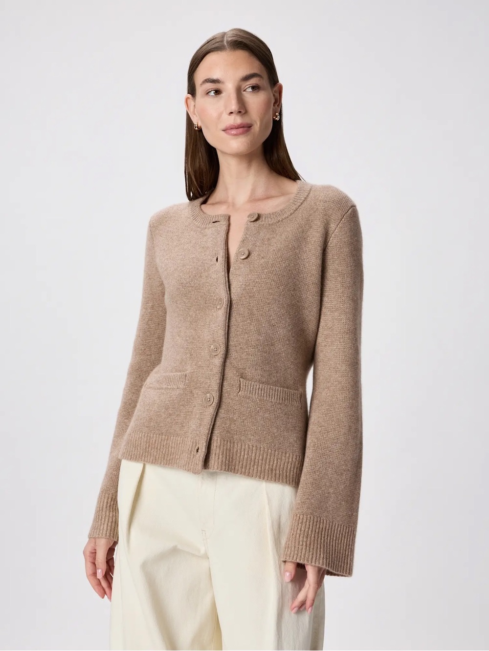 Quince Women's Crewneck Button Cardigan - Taupe NWT